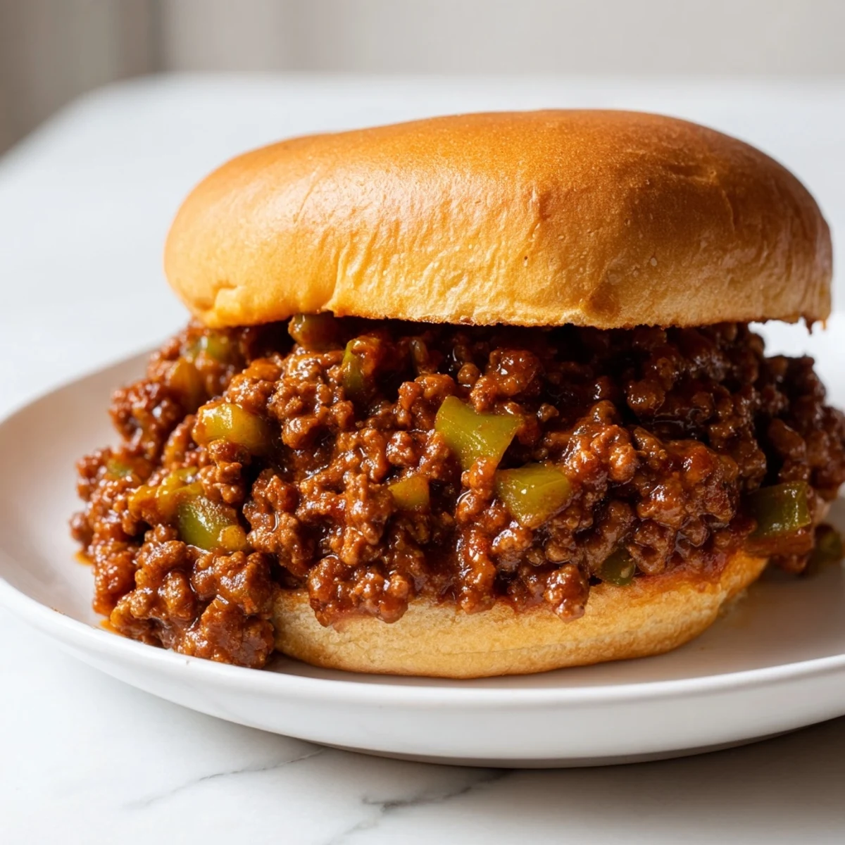Golden, glistening Sloppy Joes piled high on toasted buns, a classic American meal.
