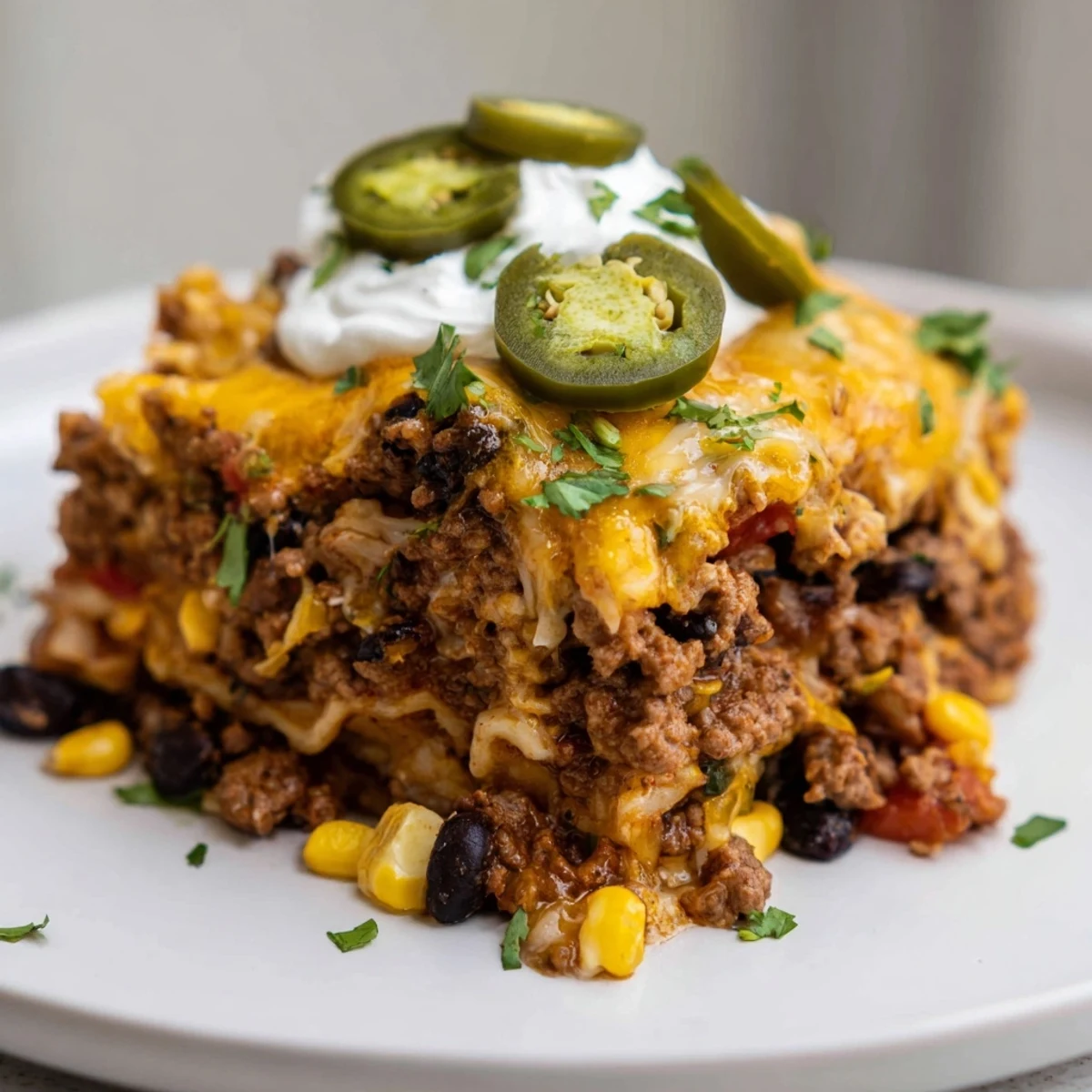 Steaming hot Taco Lasagna, layered with cheese and beef, ready to serve with fresh garnishes.