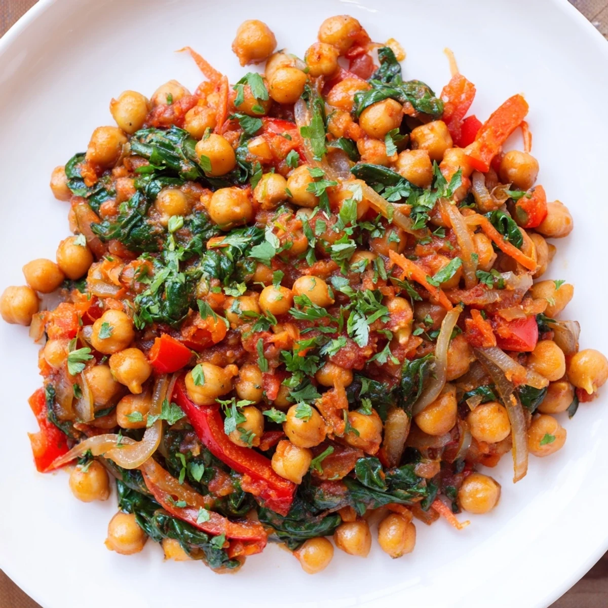 Looking inside a skillet bubbling with easy Vegetarian Chickpea & Spinach, vibrant with spinach and spices.