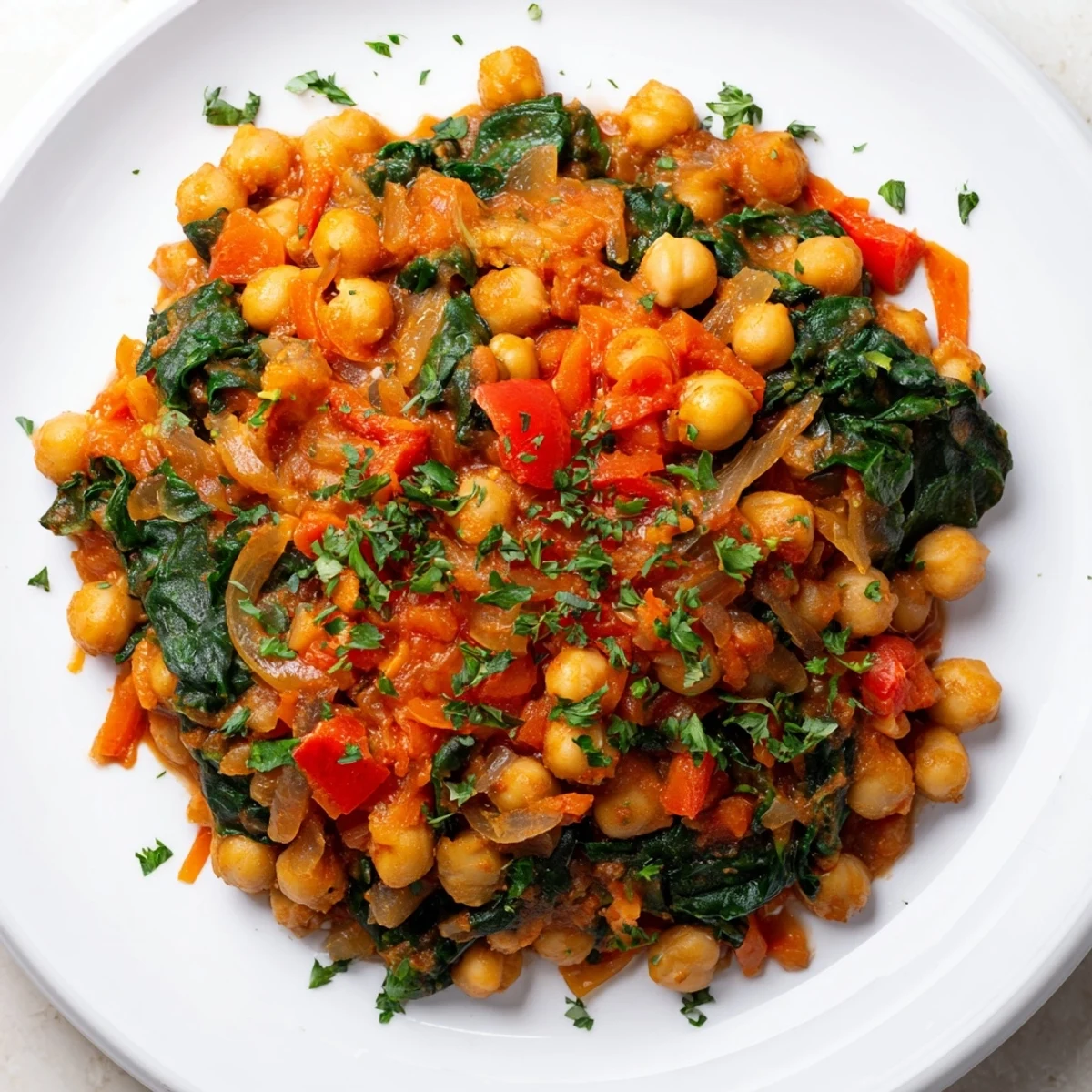 A vibrant photo of the flavorful Vegetarian Chickpea & Spinach Skillet, seasoned and ready to eat with crusty bread.