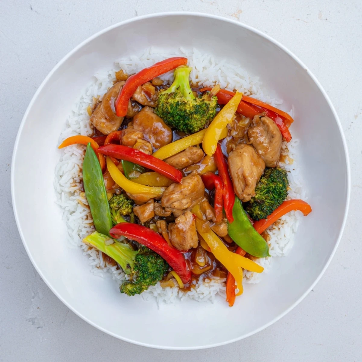 Steaming bowl of delicious Chicken Stir-Fry with Vegetables and Rice, with fluffy rice underneath.