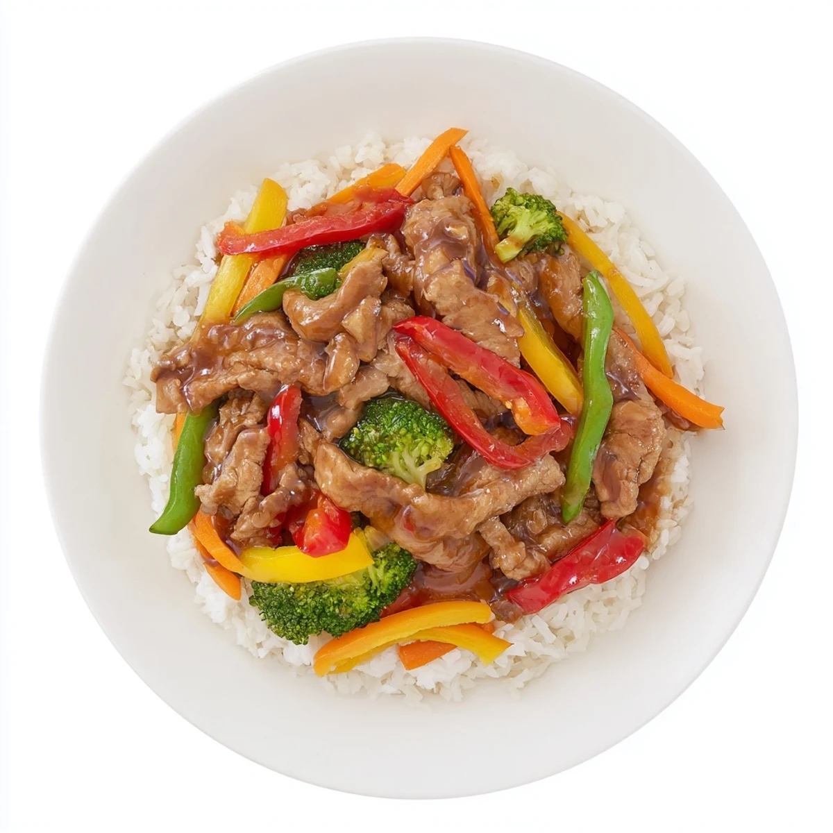 A close-up of steaming Chicken Stir-Fry with Vegetables and Rice, garnished and ready to be served.