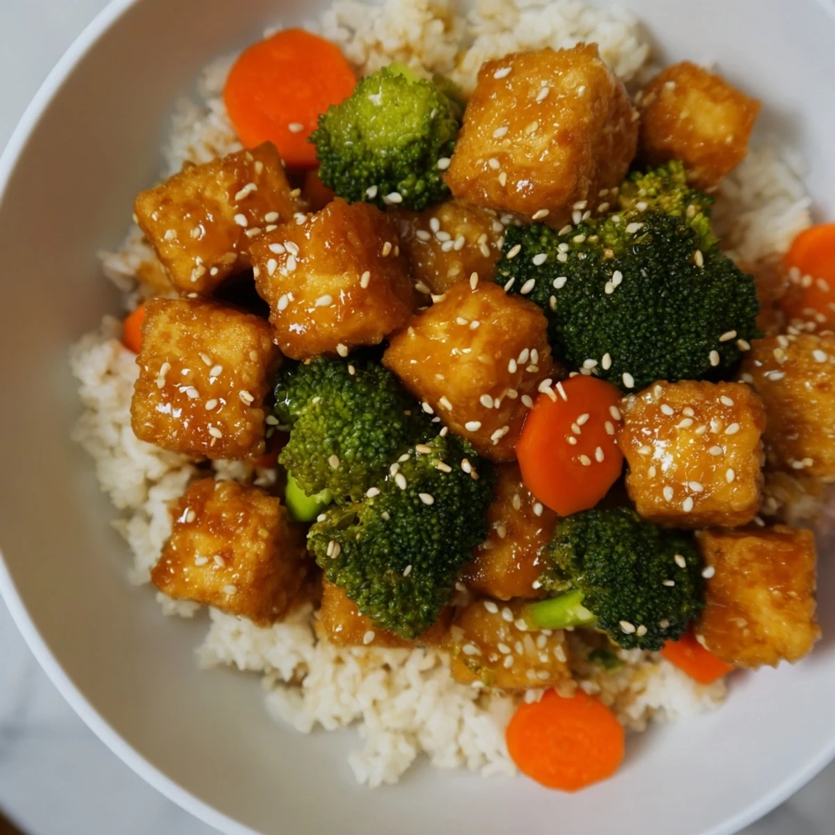 Golden, crispy sesame tofu and broccoli, a delicious vegetarian dish served over fluffy rice.