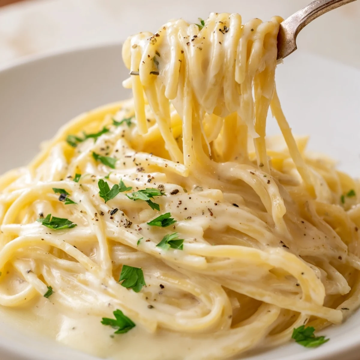 Golden and bubbly three-cheese spaghetti topped with parsley, ready to be enjoyed as a meal.
