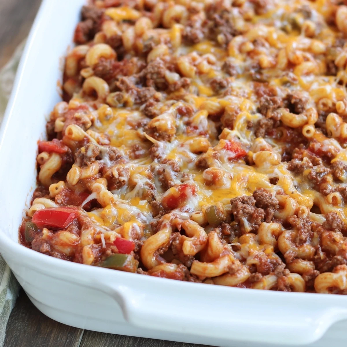 Hamburger Casserole bubbling with melted cheese, promising a warm, comforting family meal.