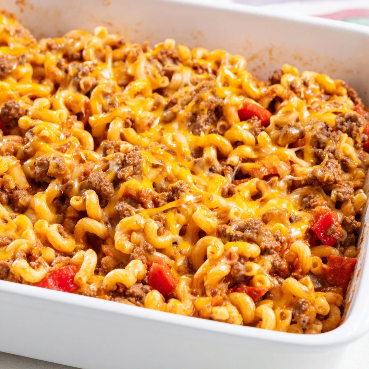 A close-up of a hearty Hamburger Casserole, showcasing the texture of tender macaroni and savory beef.