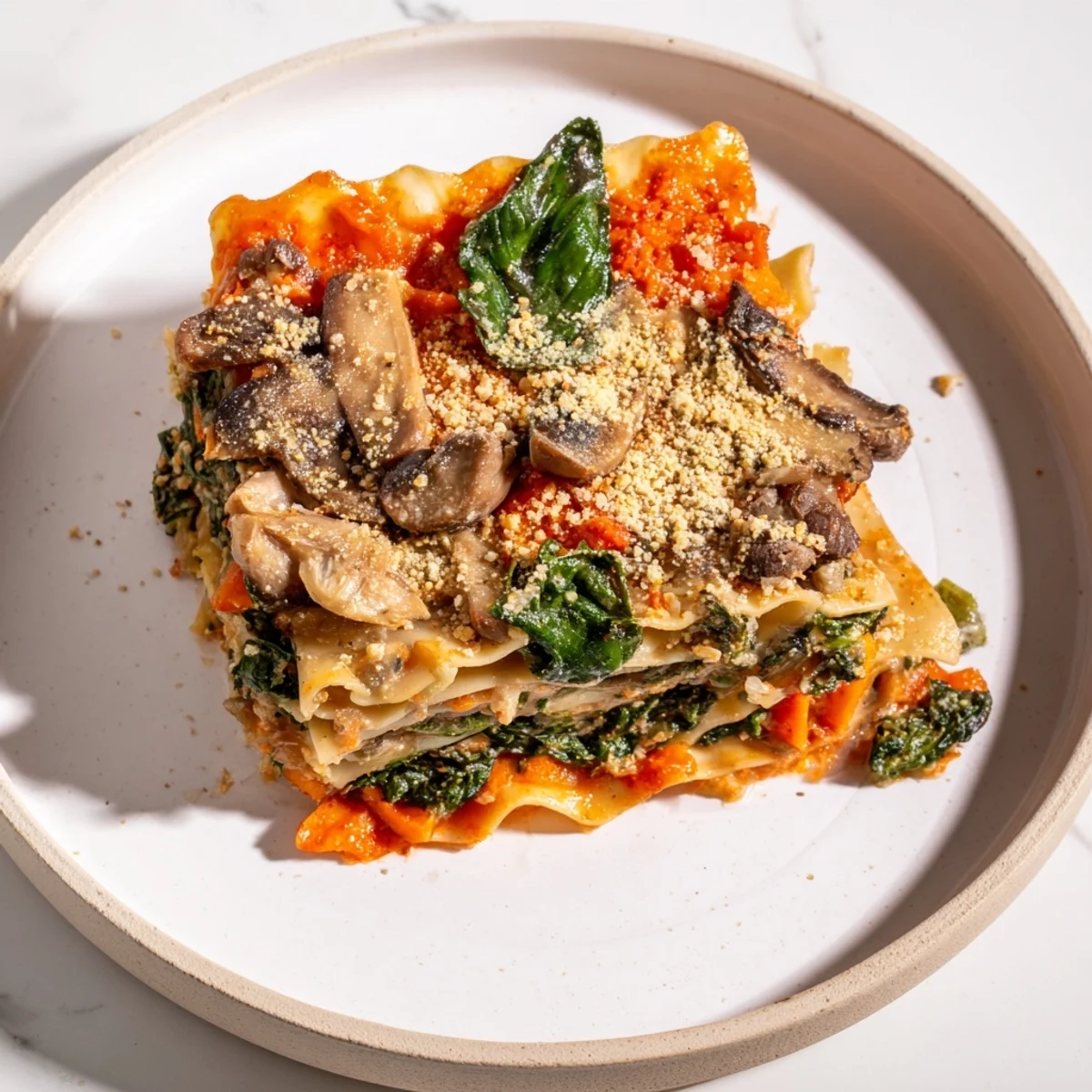 Steaming layers of Vegan Mushroom Spinach Lasagna, ready to be sliced and served for dinner.