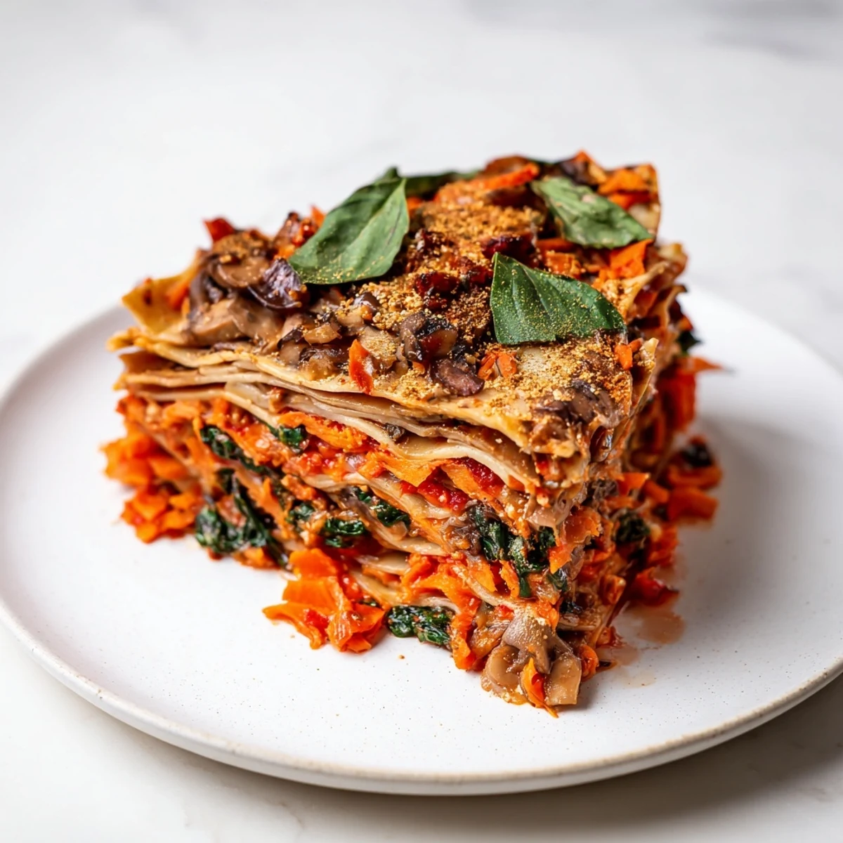 Golden bubbling Vegan Mushroom Spinach Lasagna with a creamy béchamel sauce, so comforting!