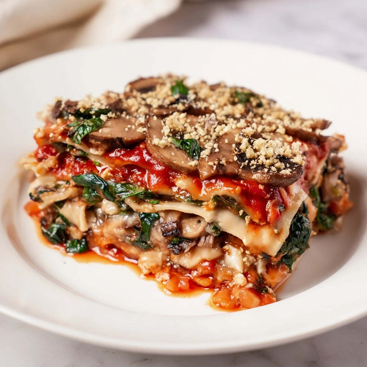 A close-up of a beautifully layered Vegan Mushroom Spinach Lasagna, showing the hearty filling.