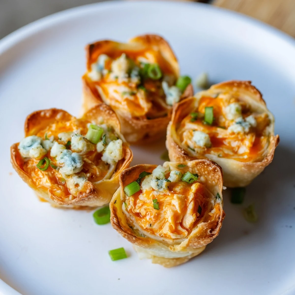Golden-brown Buffalo Chicken Dip Pinwheel Wontons, a crowd-pleasing appetizer with creamy, spicy flavors.