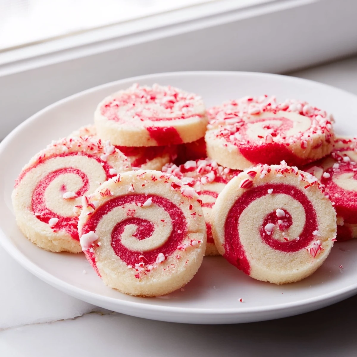 Festive Candy Cane Pinwheel Cookies, their swirled patterns a beautiful contrast of red and white on a plate.