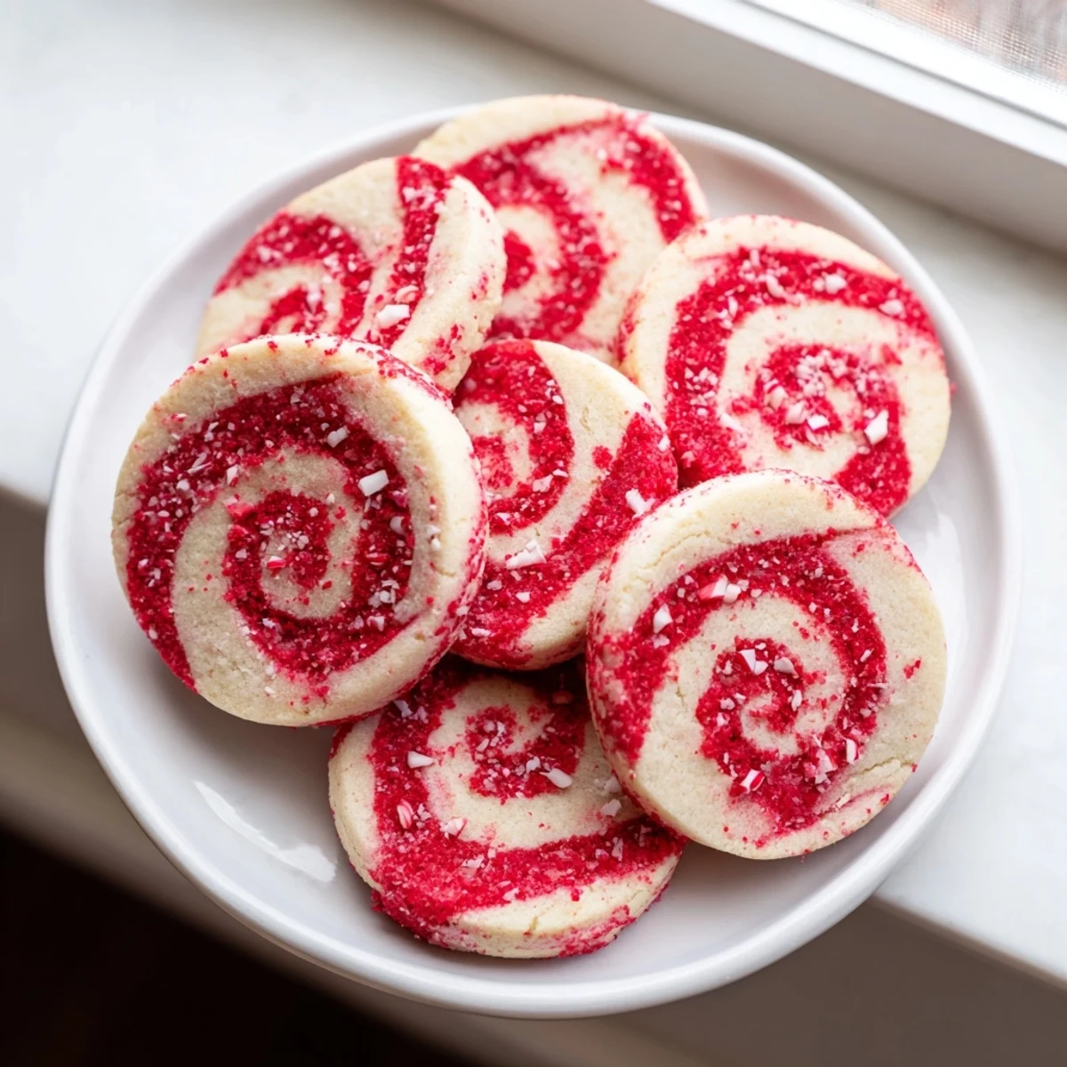 A close-up view of freshly baked Candy Cane Pinwheel Cookies, their peppermint aroma now wafting over the kitchen.
