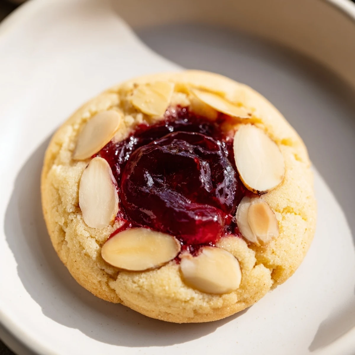 Golden cherry almond thumbprint cookies, buttery and filled with sweet jam, ready to enjoy.