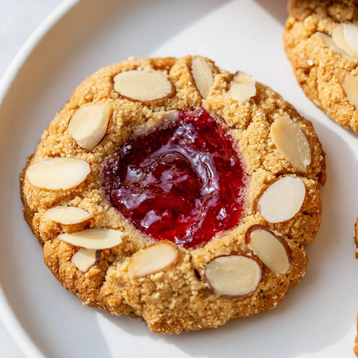 Close-up of perfect cherry almond thumbprint cookies, showcasing the vibrant jam filling and almond garnish.