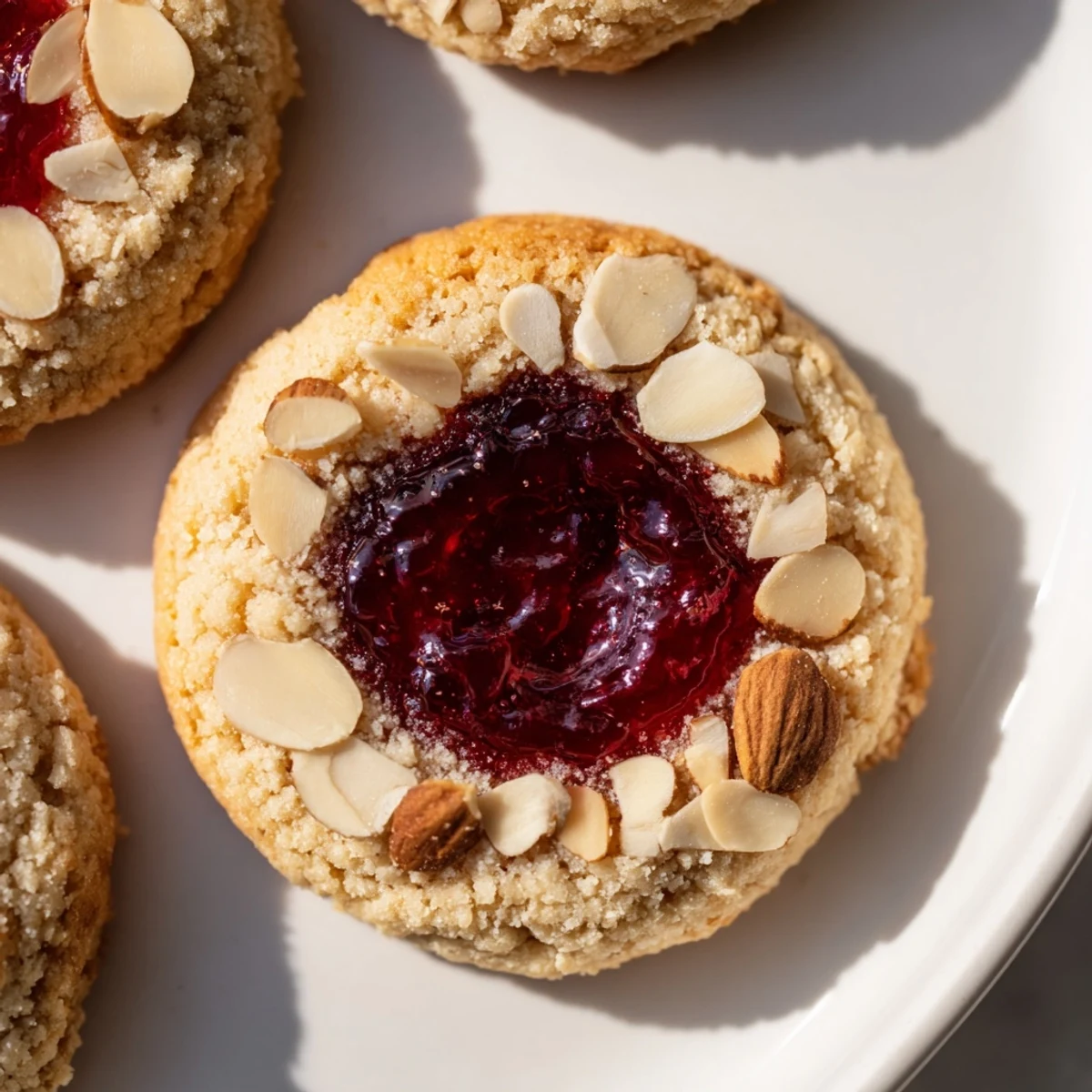 Warm, inviting image of freshly baked cherry almond thumbprint cookies, lightly browned and tempting.