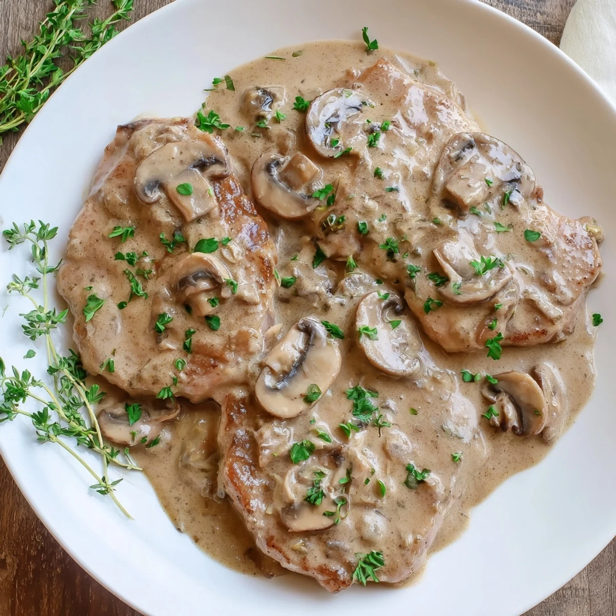 Golden-brown Stove Top Pork Chops with Cream of Mushroom Sauce, served over fluffy mashed potatoes.
