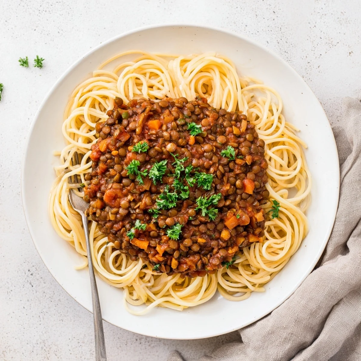 Steaming bowlful of hearty lentil Bolognese, a comforting vegan pasta dish, ready to savor.