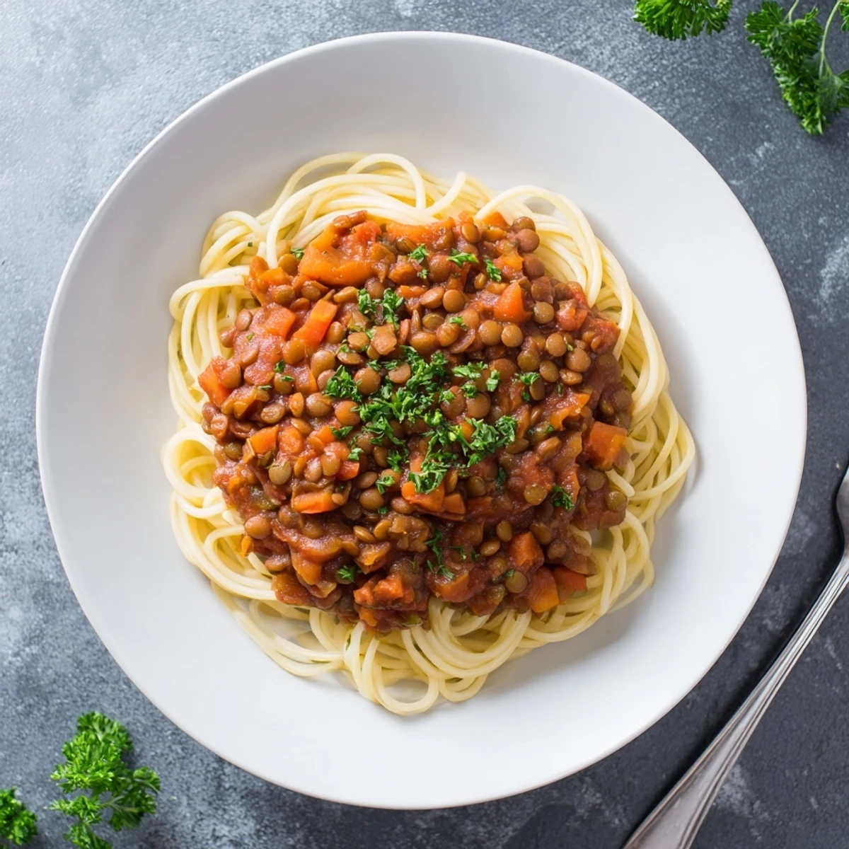 Close-up of a richly textured hearty lentil Bolognese, served hot over a bed of pasta, ideal family meal.