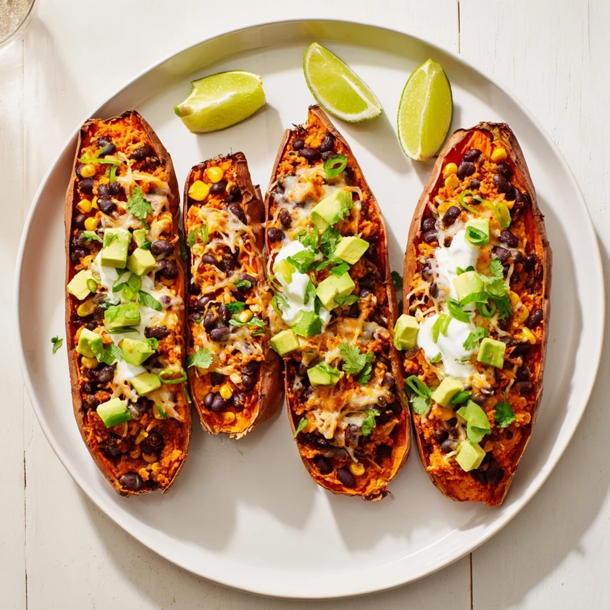 Golden, steaming Loaded Baked Sweet Potatoes, brimming with a colorful, cheesy black bean and corn topping.