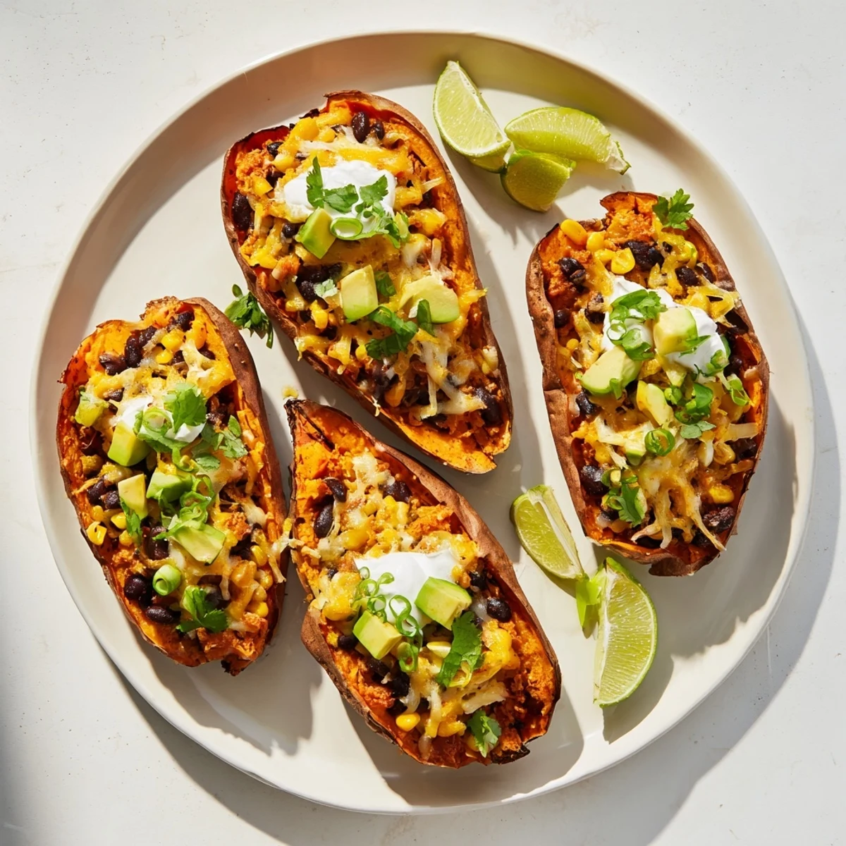 A close-up of a fully loaded baked sweet potato, showcasing a medley of toppings over the sweet potato.