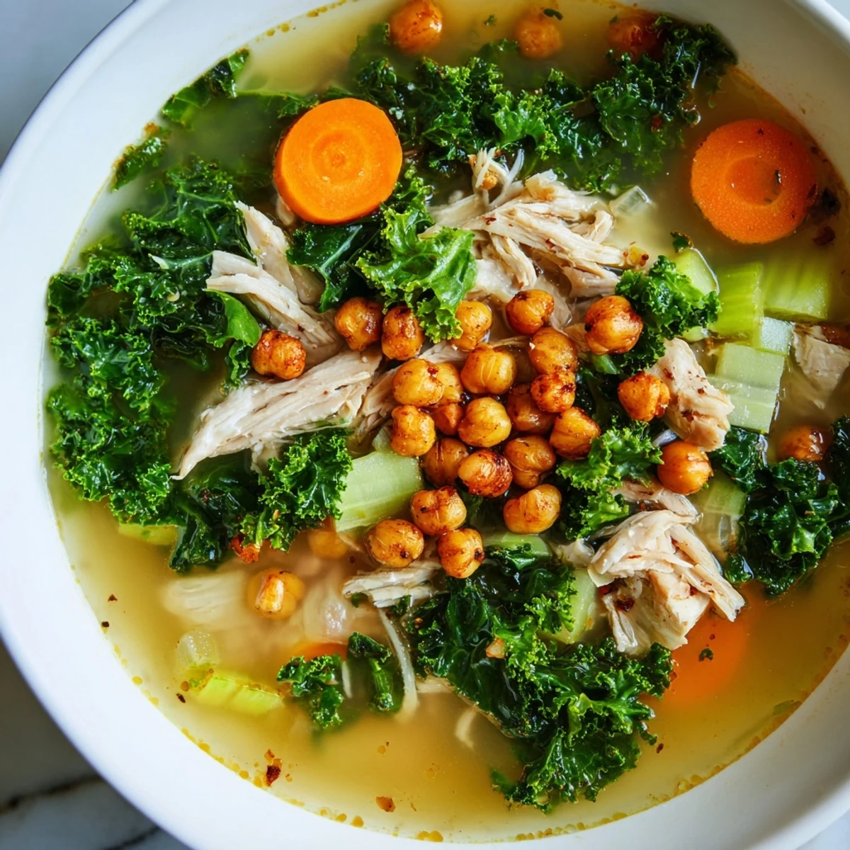 Chicken Kale Soup with Crispy Chickpeas, a warm bowl of hearty soup topped with golden, spicy chickpeas.