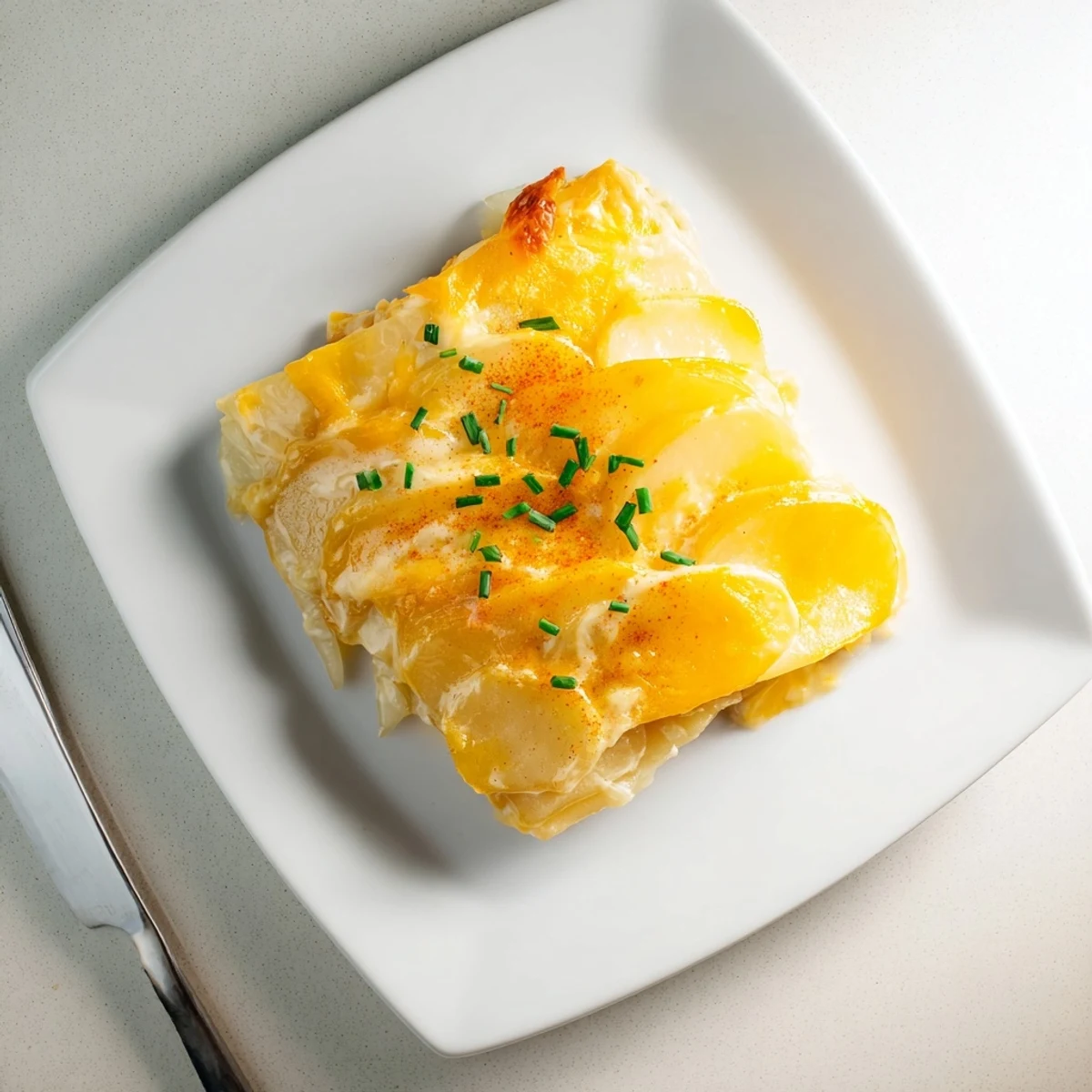 Golden brown Cheesy Scalloped Potatoes bubbling in a baking dish, a creamy, comforting Southern recipe.