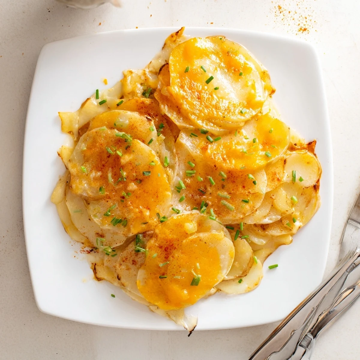 A close-up of creamy Cheesy Scalloped Potatoes, showing layers of potatoes and melted cheese, ready to serve.