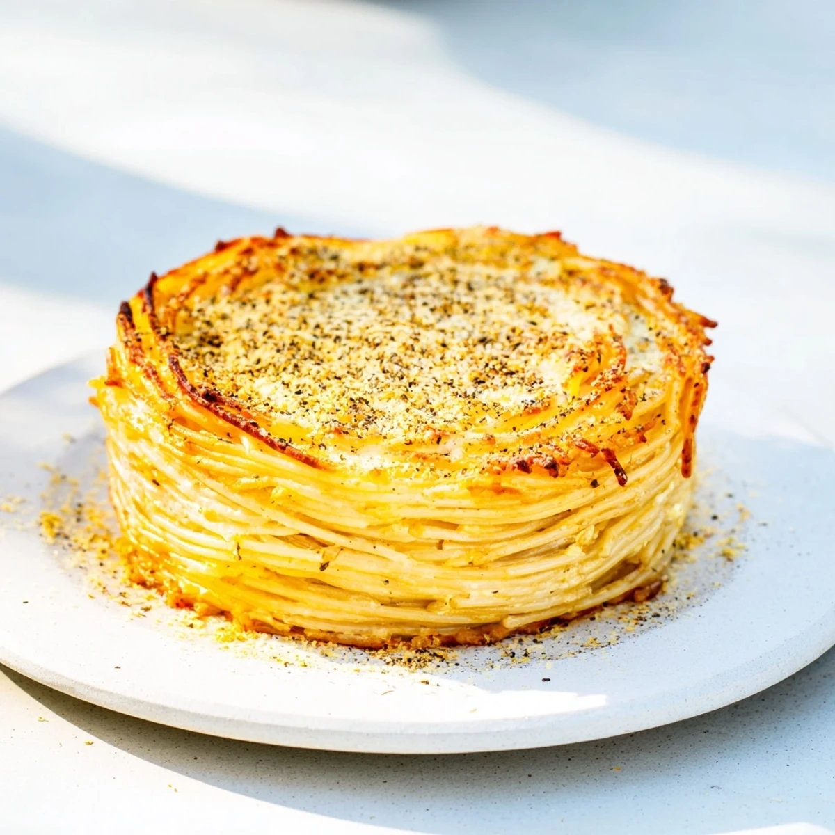 Golden brown Cacio e Pepe Pasta Pie, crispy crust with cheesy and peppery topping, ready to slice.
