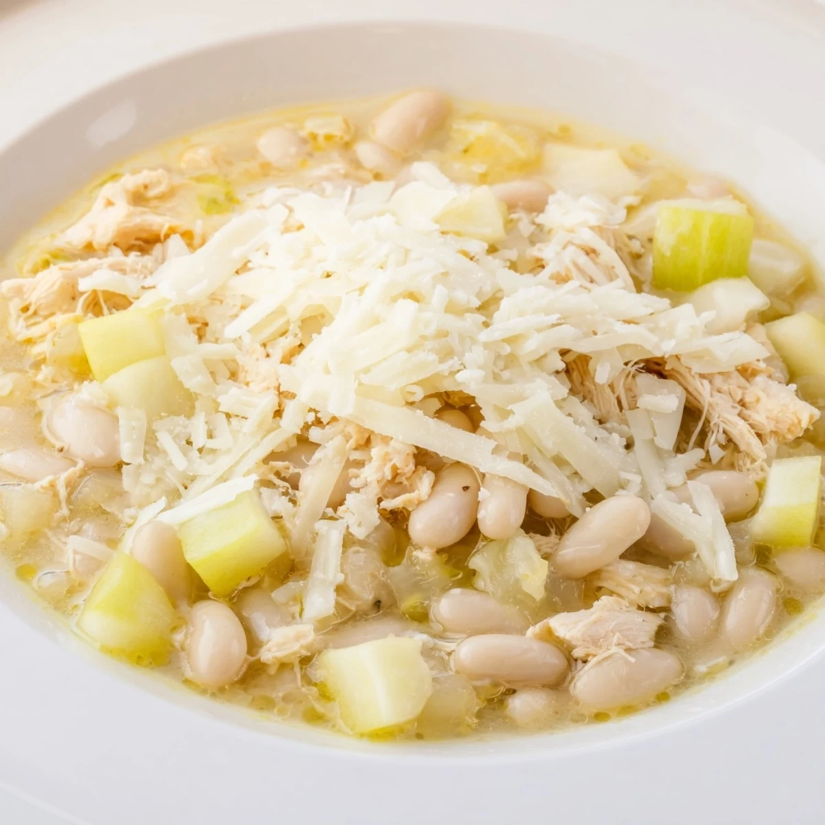 A close-up of delicious 35-Minute White Cheddar Apple Chicken Chili, perfect for a cozy, quick weeknight dinner.