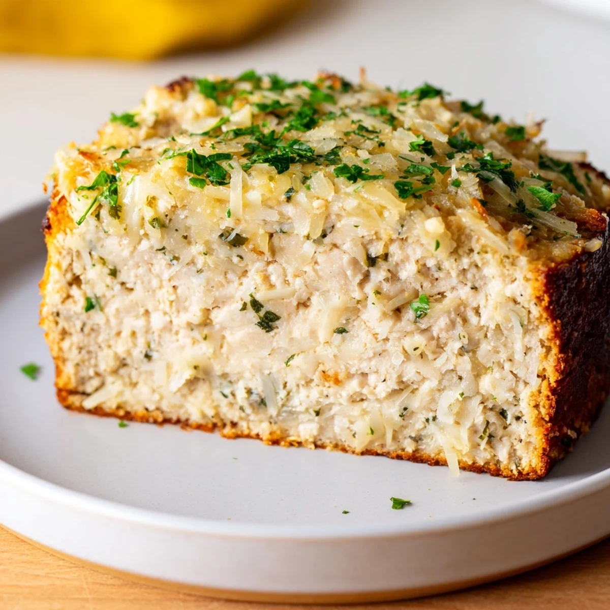 Juicy Garlic Parmesan Chicken Meatloaf, glazed and glistening, ready for slicing and enjoying.