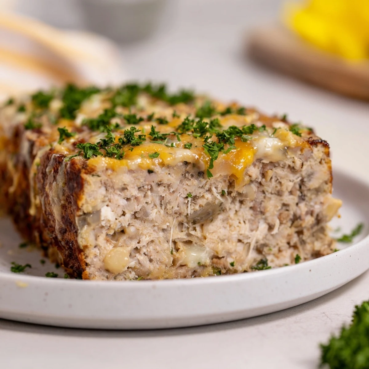 Golden-brown Garlic Parmesan Chicken Meatloaf, smelling of fresh herbs, perfect for a cozy weeknight meal.