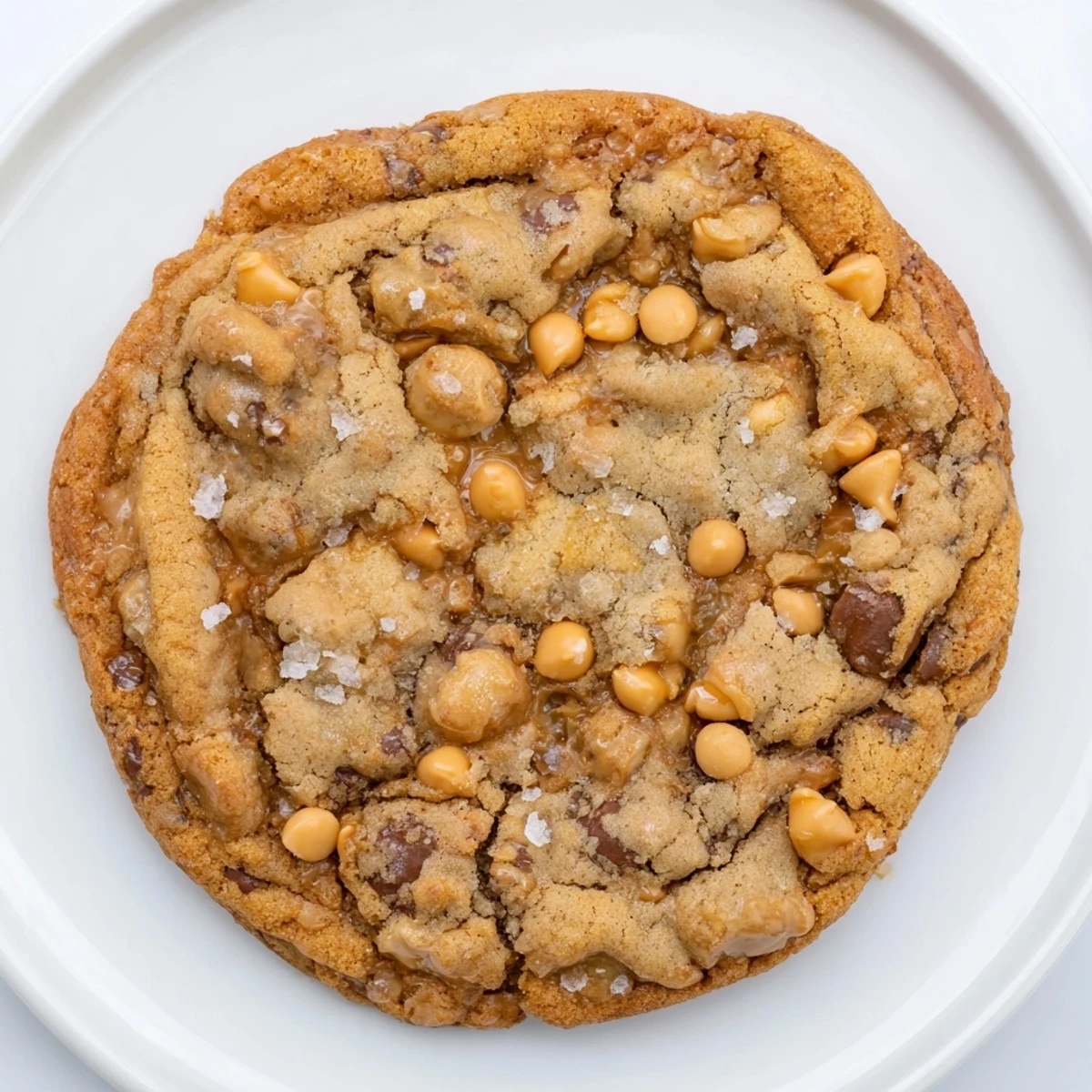 Golden-brown Best Ever Butterscotch Chocolate Chip Cookies with a sprinkling of sea salt.