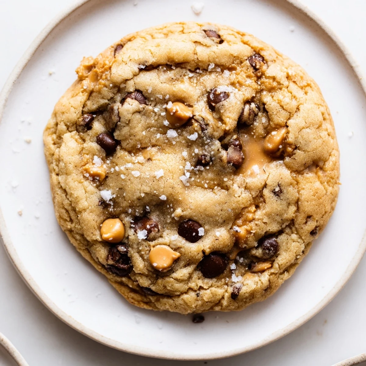 Close-up of baked Best Ever Butterscotch Chocolate Chip Cookies, showing melty chocolate with sea salt.