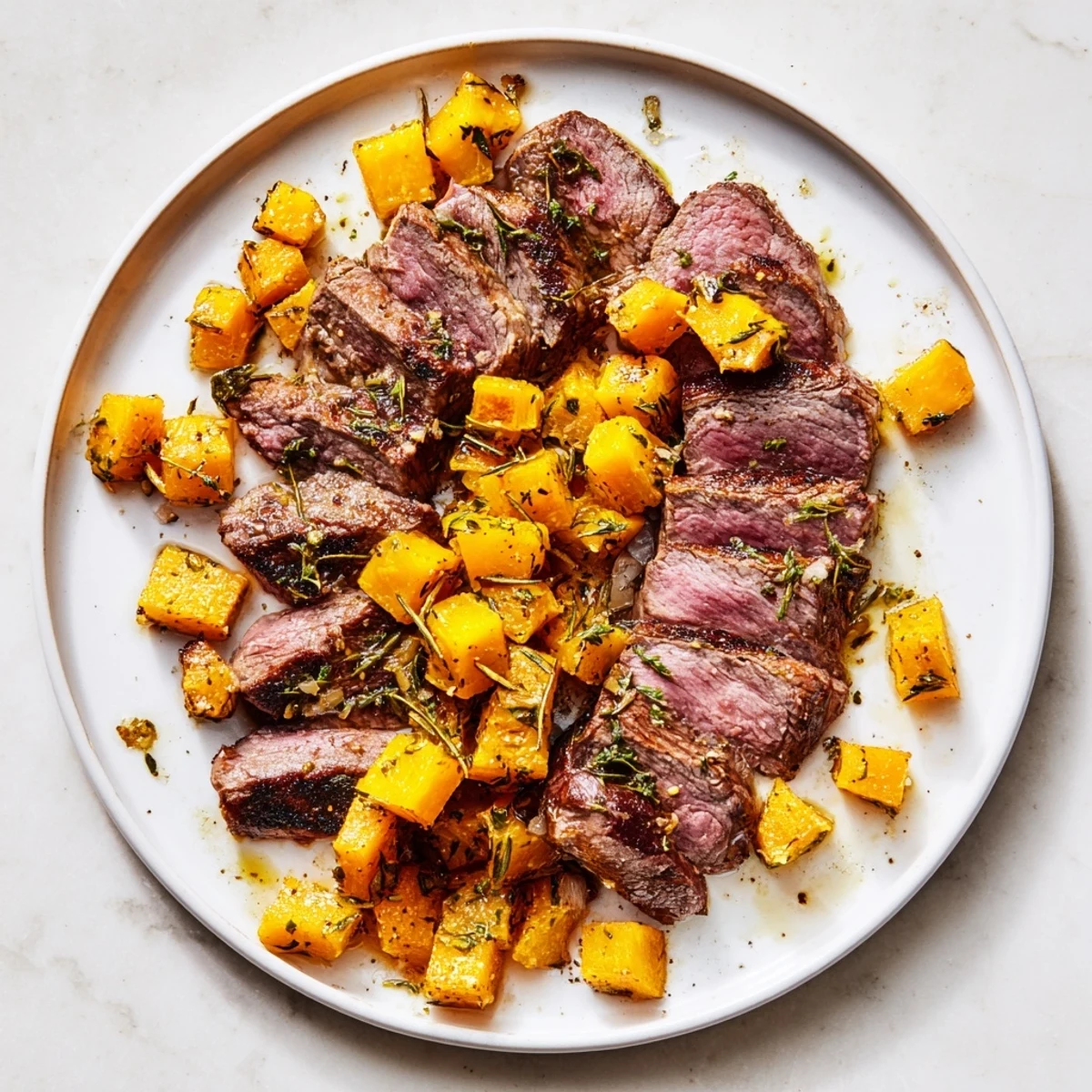 Savory Butternut Squash & Garlic Herb Steak Bowls with tender steak and roasted squash, ready to enjoy.