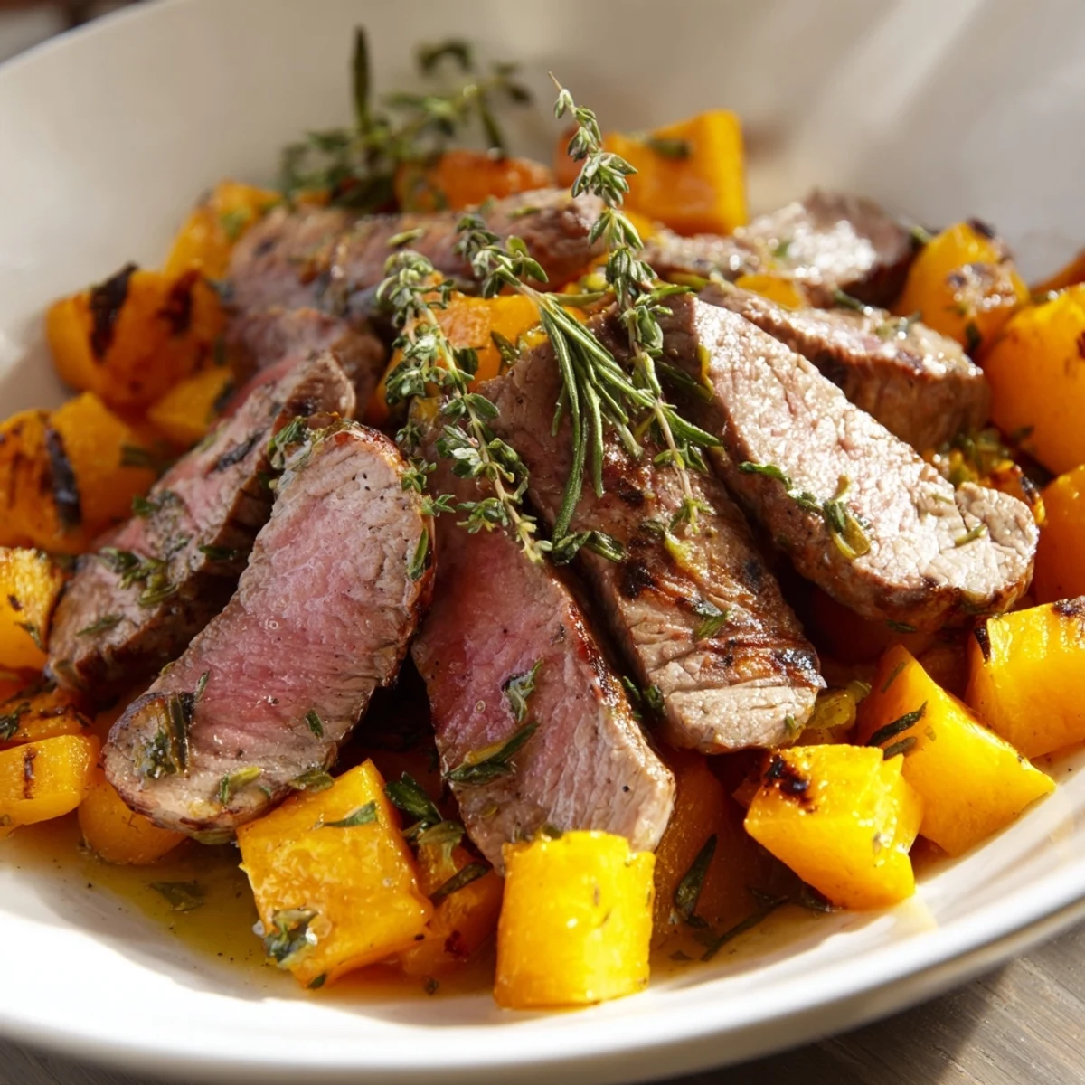 Juicy slices of garlic herb steak rest atop sweet butternut squash in these flavorful bowls.