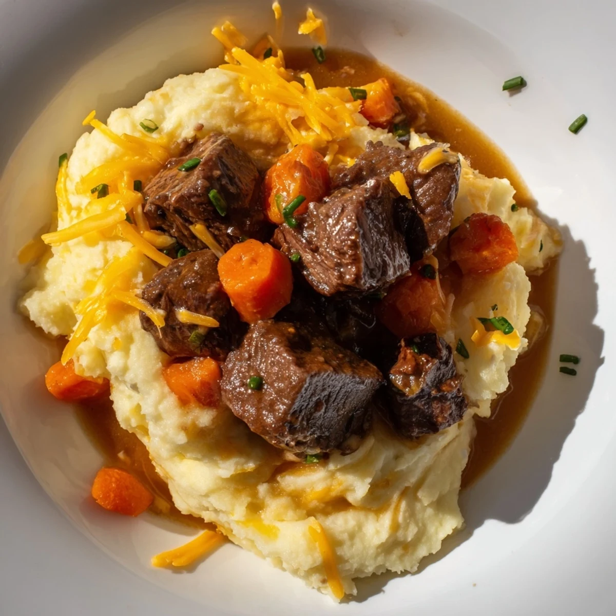 Close-up of Fall Apple Cider Beef Stew Mash, rich beef stew atop cheesy, fluffy mashed potatoes.