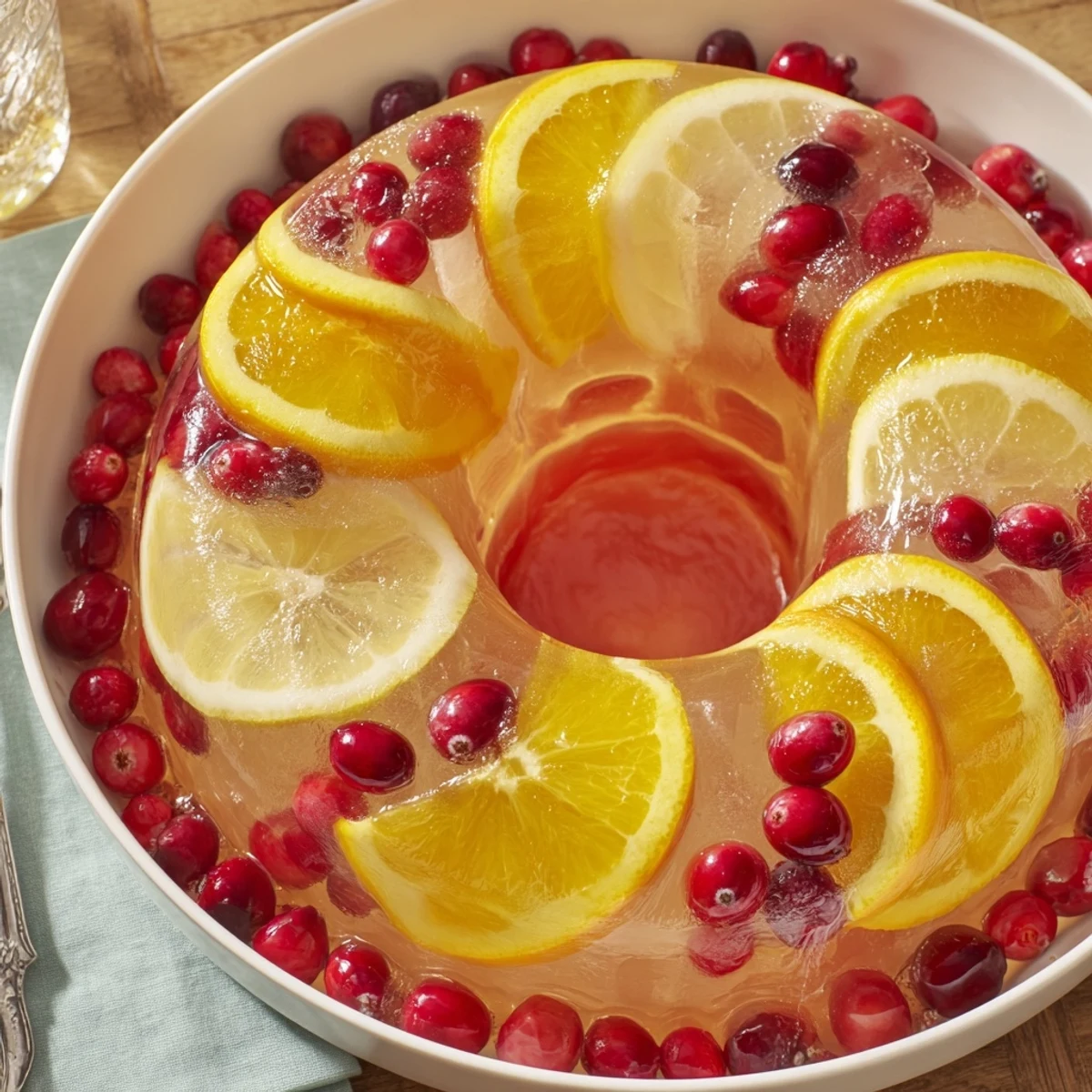 Chilled glasses of Quick Holiday Punch, garnished with citrus, ready to enjoy at your holiday party.