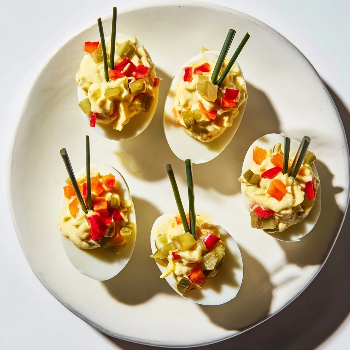 Festive Deviled Egg Ornaments, picture: vibrant, decorative appetizers with colorful pepper "ornaments."