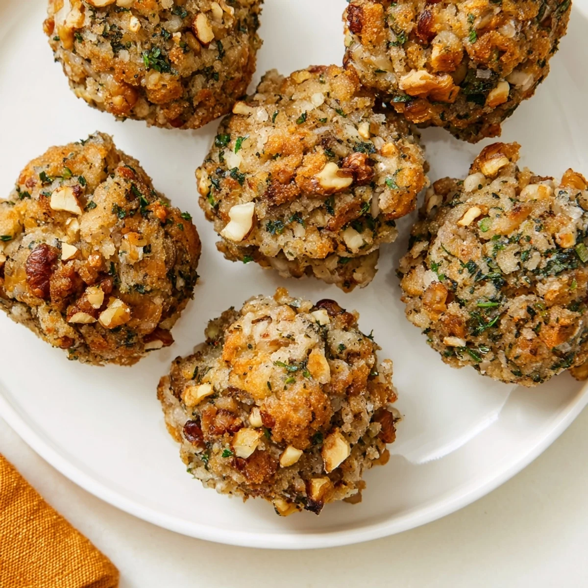 Golden Quick Christmas Stuffing Balls, baked until crispy, served with a sprig of fresh herbs.
