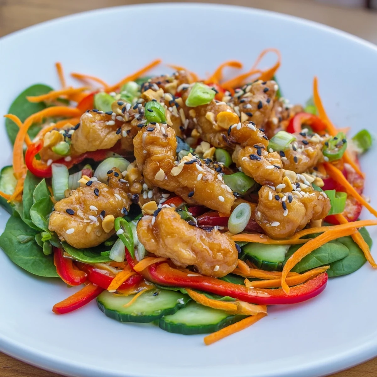 A colorful High-Protein Chicken Stir-Fry Salad Bowl filled with fresh, crisp vegetables in a light glaze.