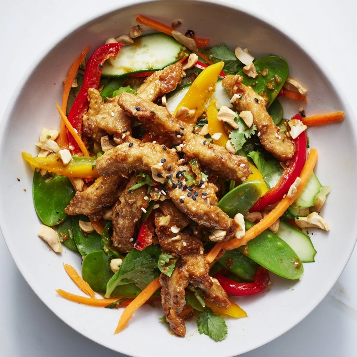Tender chicken, vibrant veggies, and sesame-ginger dressing create a delicious High-Protein Chicken Stir-Fry Salad Bowl.