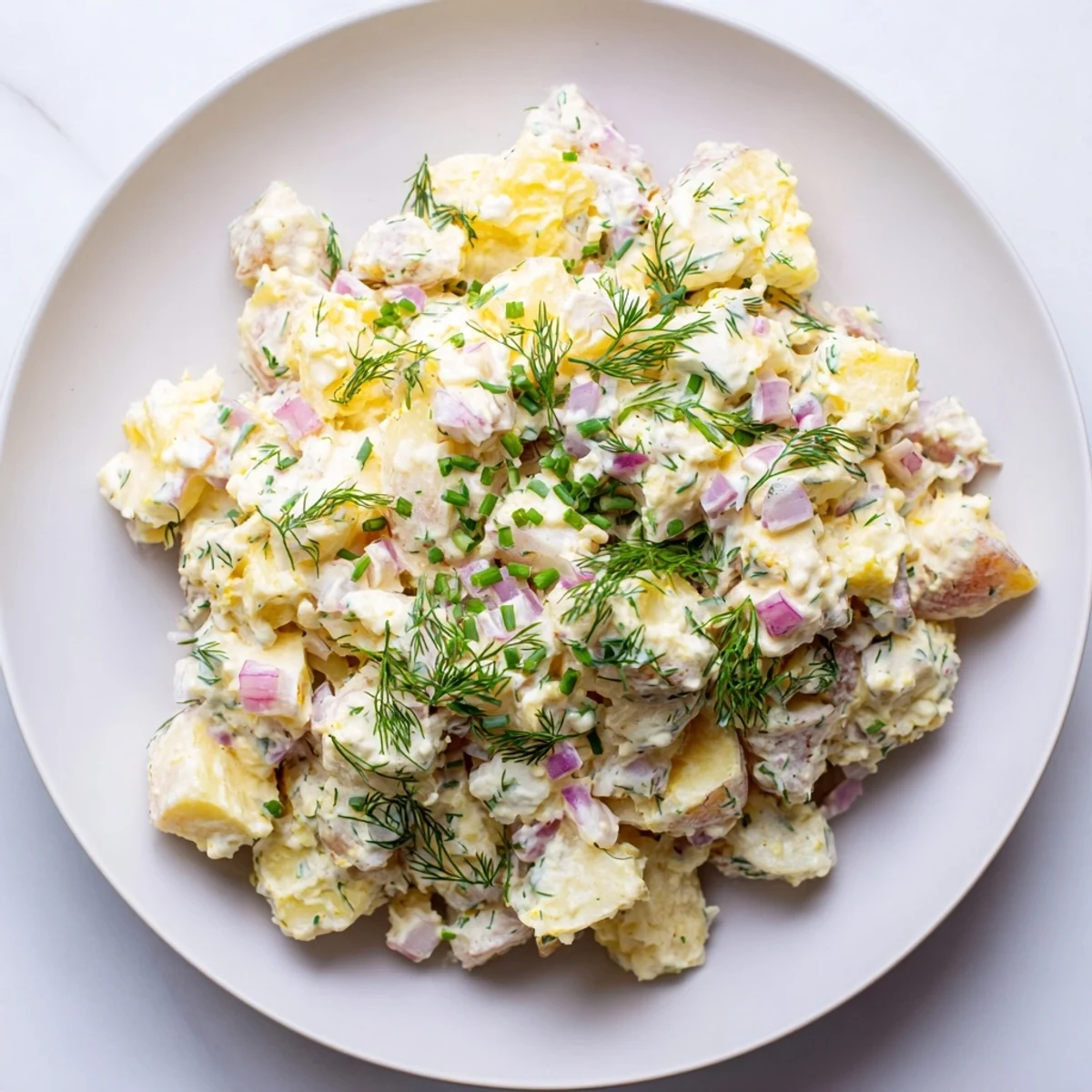 Tangy chopped egg and potato salad, featuring bright yellow potatoes and perfectly cooked eggs.