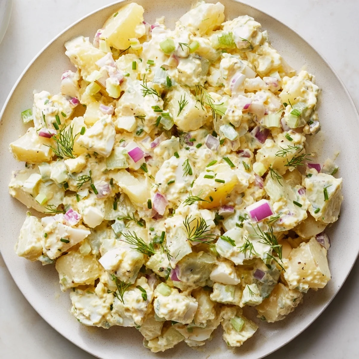 A close-up of creamy chopped egg and potato salad, ready to be enjoyed with fresh chives.