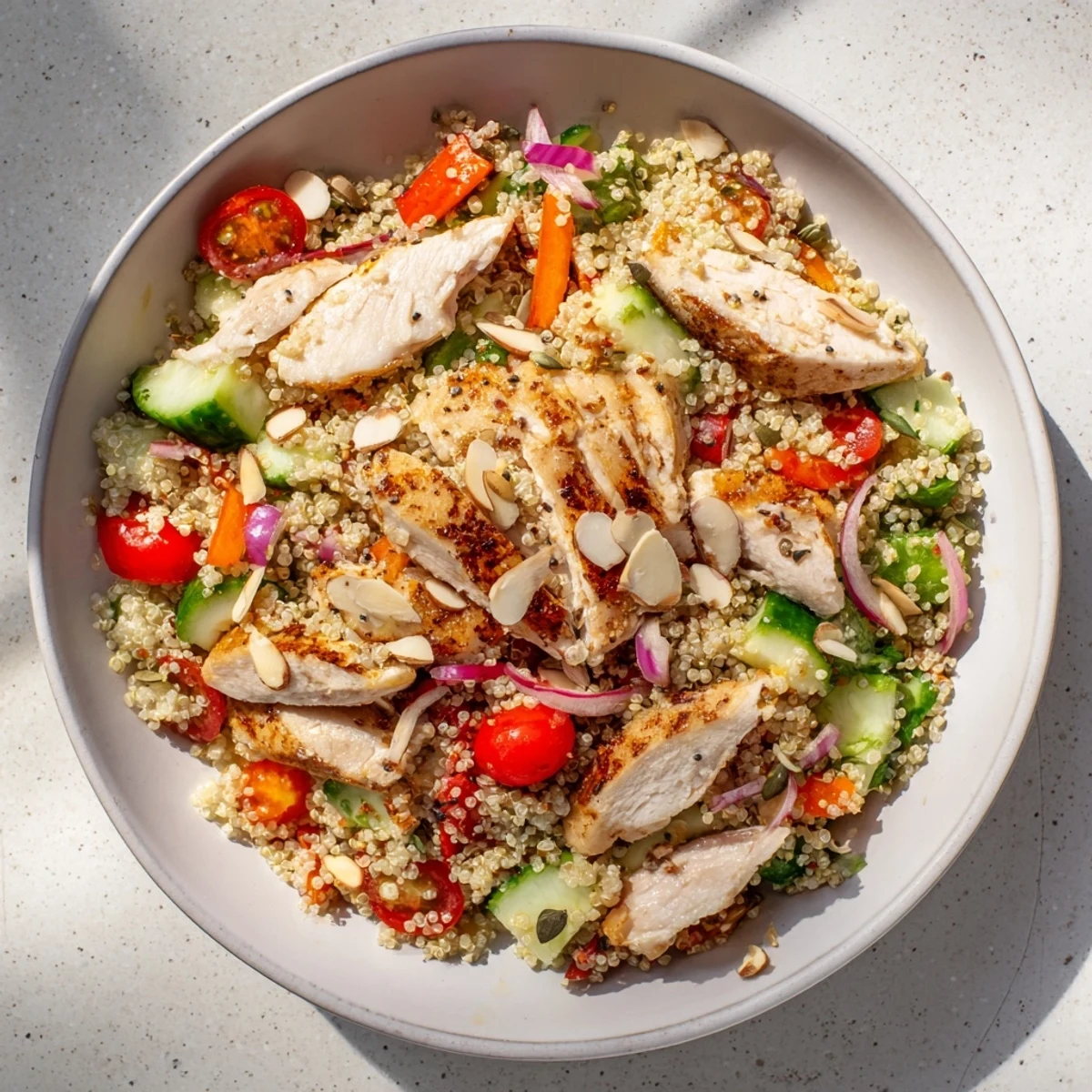 A colorful close-up of Crunchy Quinoa Chicken Salad, showcasing juicy chicken and fresh veggies.