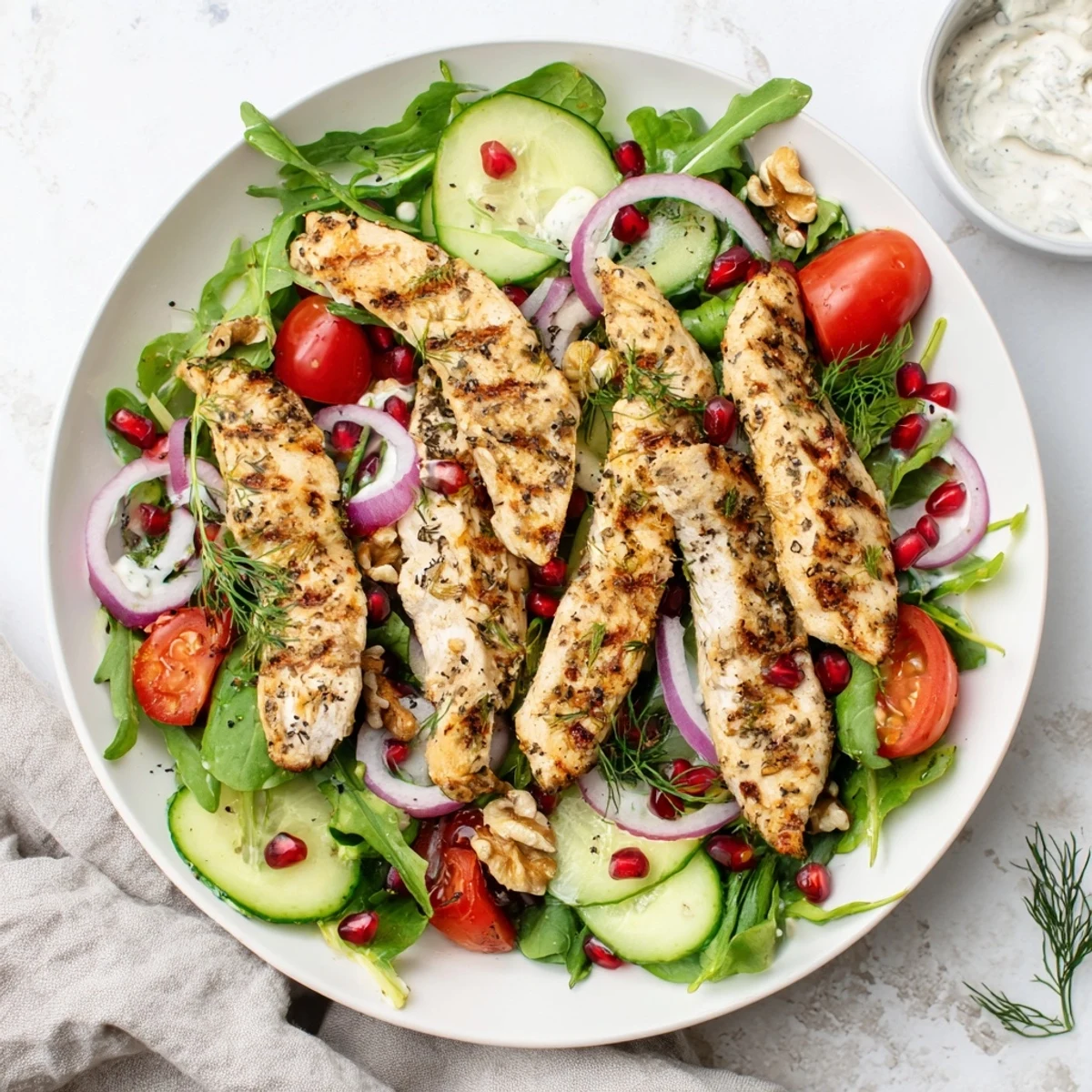 Sizzling black pepper chicken atop a vibrant salad, complete with creamy yogurt dressing, perfect for holidays.