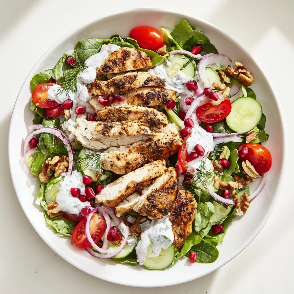 Tender slices of black pepper chicken grace a colorful salad with juicy cherry tomatoes, ready to serve.