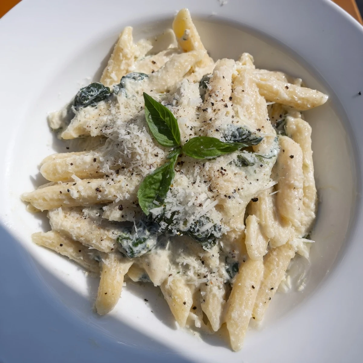 This satisfying plate of Cottage Cheese Creamy Spinach Pasta features perfectly cooked penne bathed in a rich sauce.