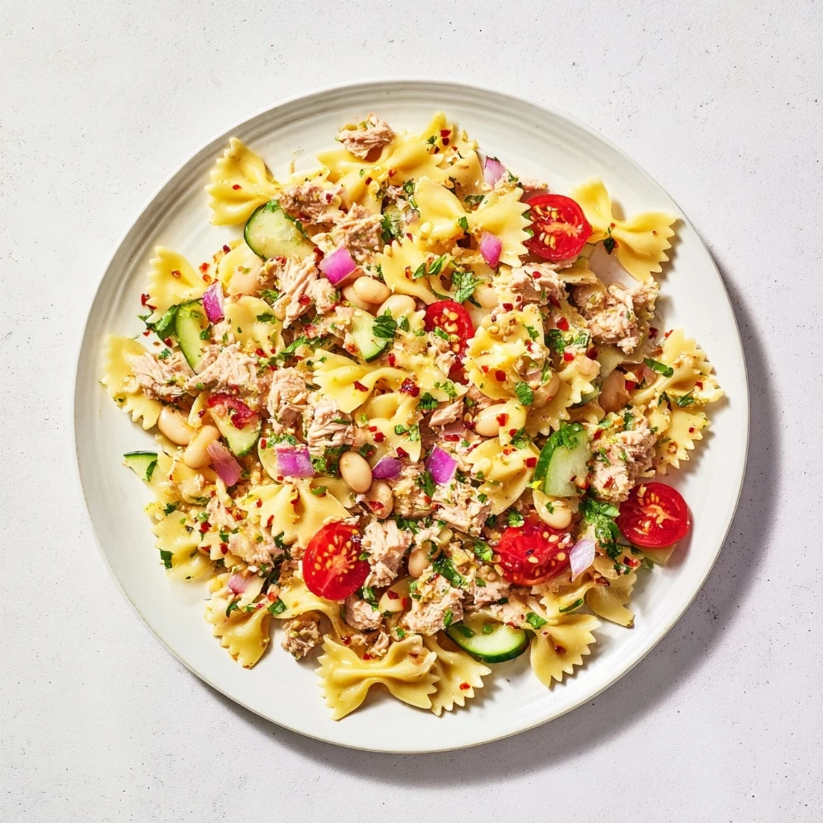 Flaky tuna and white beans mingle in this vibrant Spicy Tuna and White Bean Pasta Salad.