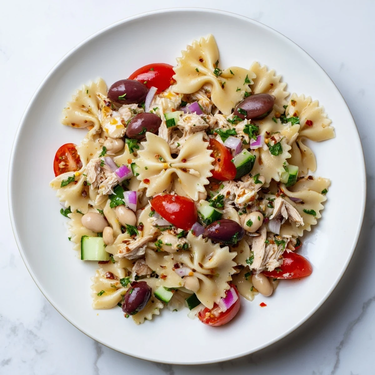 Enjoy a refreshing plate of Spicy Tuna and White Bean Pasta Salad, perfect for a picnic treat.