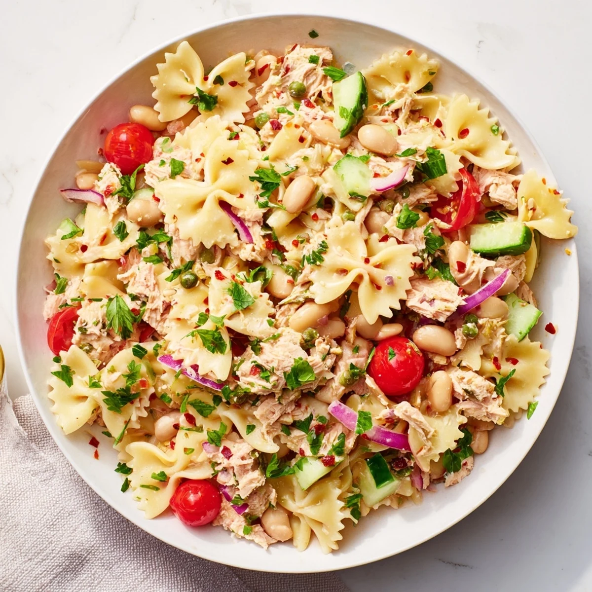 This delicious Spicy Tuna and White Bean Pasta Salad showcases colorful vegetables and zesty dressing.